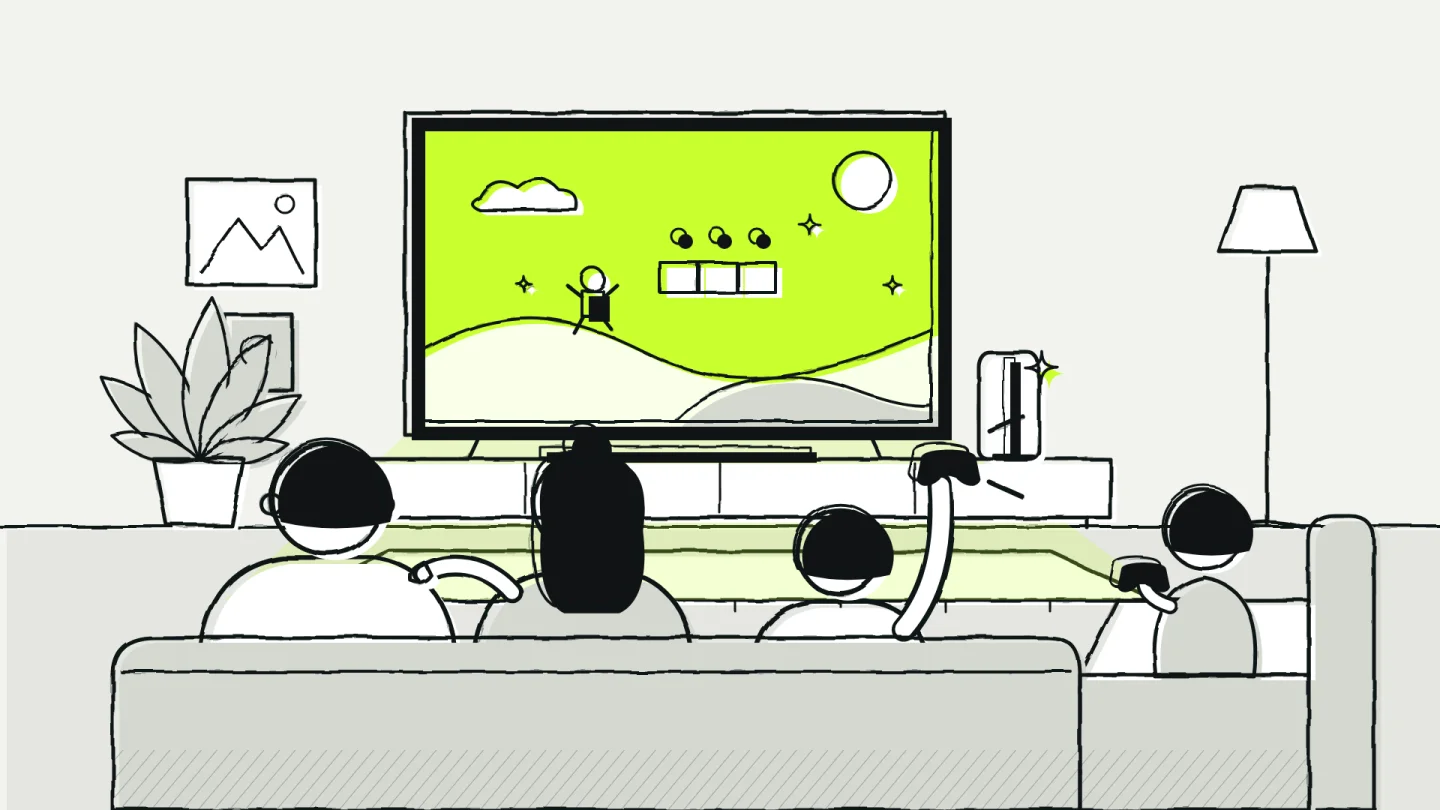 Dibujo: una familia de espaldas, sentada en un sofá, jugando videojuegos frente a un televisor grande.